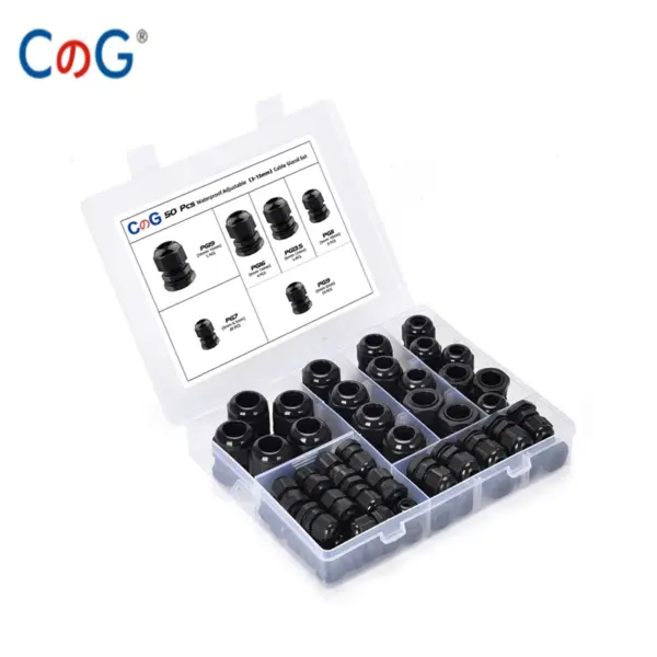 CG 50PCS Waterproof Cable Gland PG7 PG9 PG11 PG13.5 PG16 PG19 Plastic Black Cable Fixing Joint With Gasket Range For 3-15mm Set
