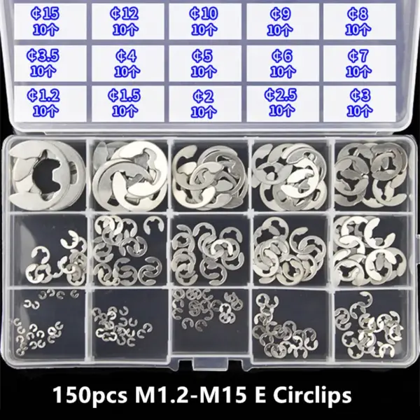 150pcs/Set M1.2-M15 304 Stainless Steel E Type Circlips Open Retaining Ring Washer