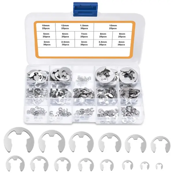 380PCS 304 Stainless Steel Stainless Steel E Clip Washer Assortment Kit Circlip retaining Ring for Shaft Fastener 1.5mm-15mm
