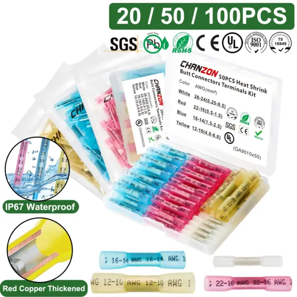 20/50/100PCS Heat Shrink Butt Wire Terminal Kit Waterproof Shrinkable Solder Crimp Splice Electrical Cable Joint Tube Connector