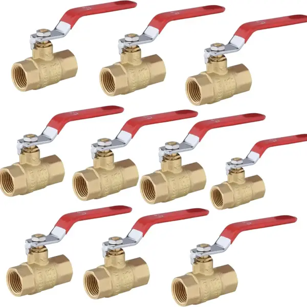 1/2" Full Port Brass Ball Valve, 600 WOG FNPT, Heavy Duty, for Water, Air, Oil, Plumbing (10 Pack, Red Handle)