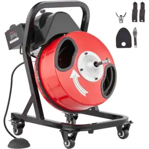 50FT x 1/2Inch Sewer Snake Cleaning Machine on 4 Wheels Electric Drain Auger with 4 Cutters & Foot Switch for 1''-4'' Pipes, Red