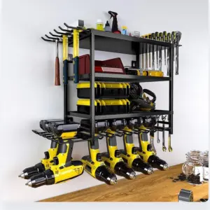 Power Tool Organizer 4 Layer Wall Mounted Storage Rack With Hooks Heavy-Duty Drill Holder Garage Tools Storage Rack for Workshop
