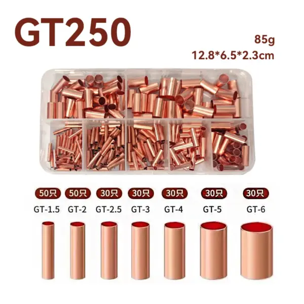 250Pcs Wire Ferrules Kit 7 Size Copper Crimp Connector Non Insulated Electrical Butt Terminal Assortment Kit