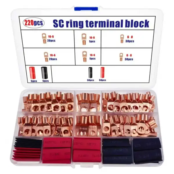 140/220pcs Battery Lug Ring Terminal Tool Kit for Power Distribution Cable Ends Connectors for Vehicles And Ships