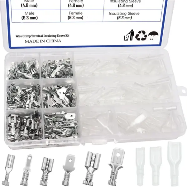 270PCS 2.8/4.8/6.3mm Male and Female Spade Quick Connectors Wire Crimp Terminal Block with Insulating Sleeve Assortment Kit