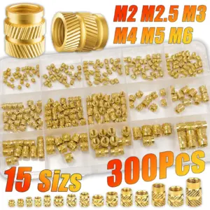 300PCS M2 M2.5 M3 M4 M5 M6 Brass Heat Set Insert Kit, Knurled Threaded Nuts, Compatible with 3D Printing & Plastic Parts