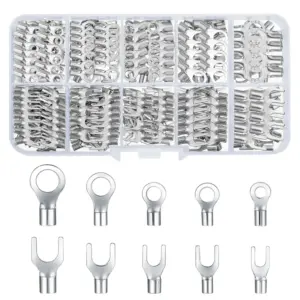320 Pieces Non-Insulated Ring Terminals & Fork Connector Kit, Copper Ring Fork U-Type Female Terminals, Wire Lugs Battery Cable
