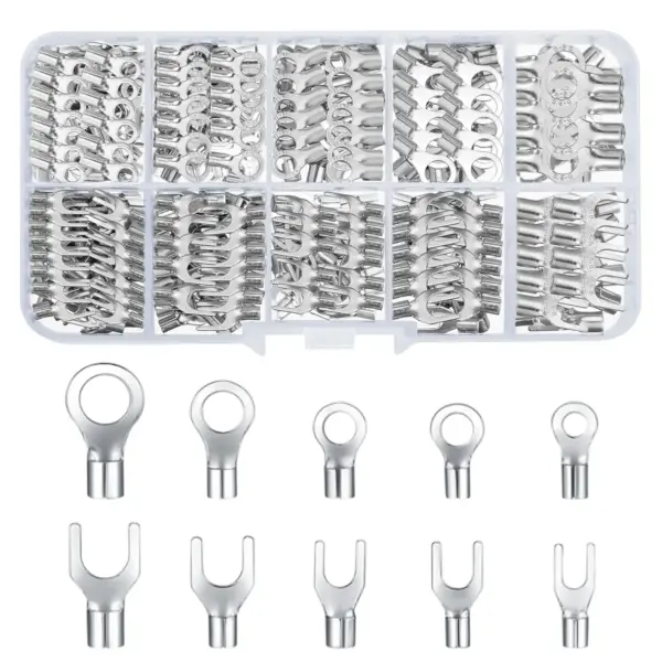 320 Pieces Non-Insulated Ring Terminals & Fork Connector Kit, Copper Ring Fork U-Type Female Terminals, Wire Lugs Battery Cable