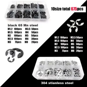 675pcs M1.2-M8 Assortment Box Kit Black 65Mn 304 Stainless Steel External Retaining Ring E Clip Snap Circlip Washer for Shaft