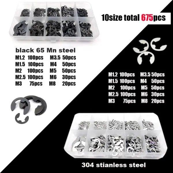 675pcs M1.2-M8 Assortment Box Kit Black 65Mn 304 Stainless Steel External Retaining Ring E Clip Snap Circlip Washer for Shaft