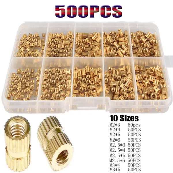 500pcs M2 M2.5 M3 Brass Heat Set Insert Nut Hot Melt Injection Thread Knurled Double Twill Embedment Copper Nut Assortment Kit