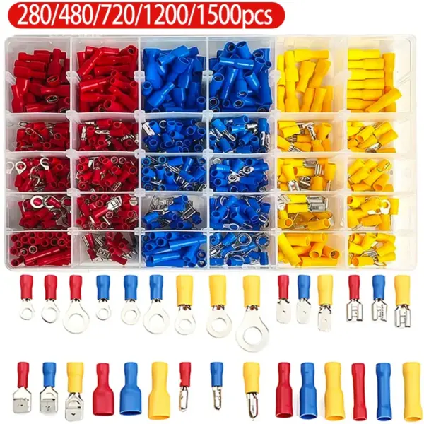 Quick Release Crimp Terminal Assorted Kit - 280/480/720/1200/1500pcs Cold Pressed Male Female Lugs for Electrical Projects​