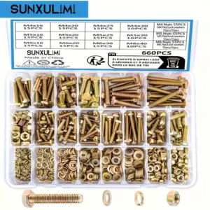 660-Piece M4 M5 M6 Heavy-Duty Hex Head Metric Nut and Bolt Sorting Kit Hex Head Bolts in 12 Sizes Includes Washers, Spring Washe
