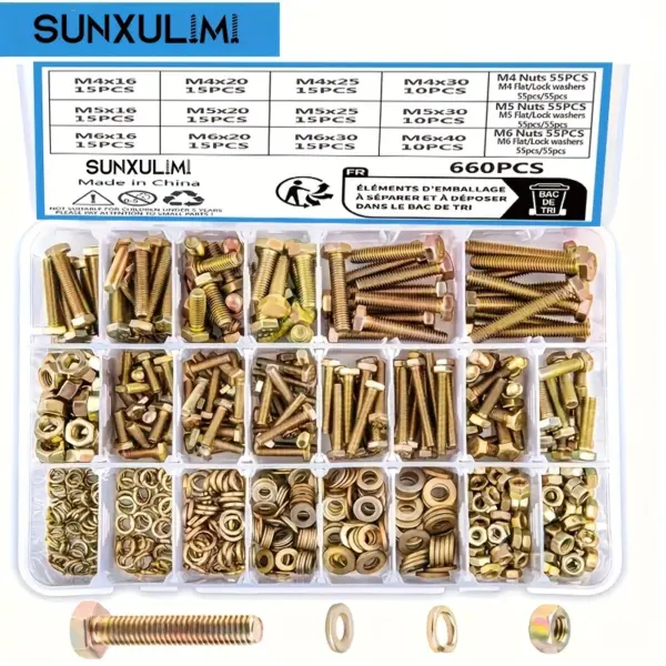 660-Piece M4 M5 M6 Heavy-Duty Hex Head Metric Nut and Bolt Sorting Kit Hex Head Bolts in 12 Sizes Includes Washers, Spring Washe