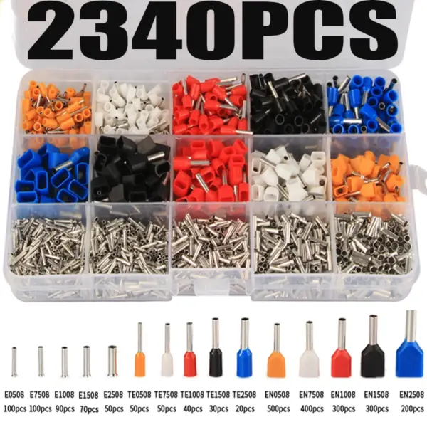 2340Pcs Mixed 15 Models Electrical Crimp Terminal Connectors Cord Wire End Crimp Terminal Dual Ferrule Kit 0.5mm2-2.5mm2