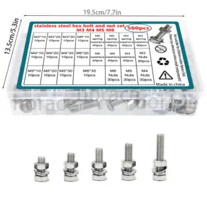 560-piece set of M3, M4, M5, and M6 stainless steel hex bolts, nuts, springs, and washers for home installation and maintenance.