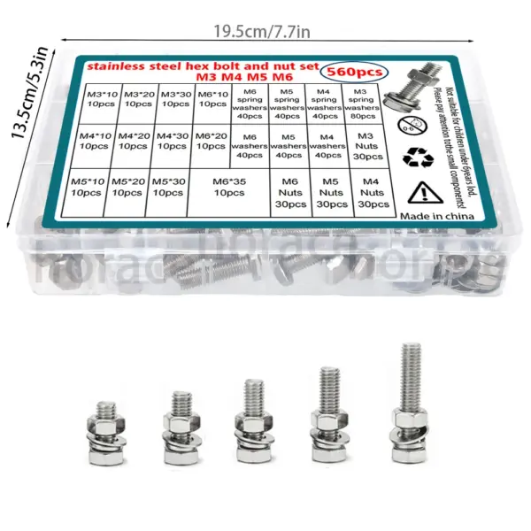 560-piece set of M3, M4, M5, and M6 stainless steel hex bolts, nuts, springs, and washers for home installation and maintenance.
