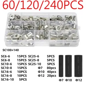 60/120/240PCS Ring Terminal Cable Shoes Lugs 35mm2 Tinned Copper Lug Wire Eye Connectors Bare 60 Terminals Lugs Wire Copper Kit