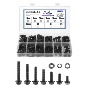 260-piece M6 black flange bolt set, including flange nuts, washers, and spring washers; M6 hex head screws; carbon steel