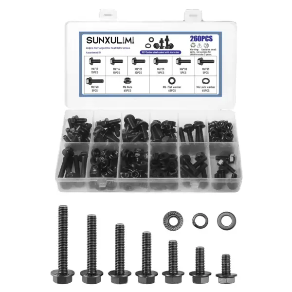 260-piece M6 black flange bolt set, including flange nuts, washers, and spring washers; M6 hex head screws; carbon steel