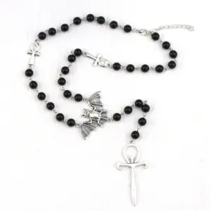Gothic Vampire Ankh Rosary Occult Vamp Bead Necklace Punk Bat Cross Pendant Necklace Handmade Beaded Egyptian Jewelry
