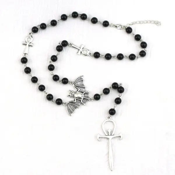 Gothic Vampire Ankh Rosary Occult Vamp Bead Necklace Punk Bat Cross Pendant Necklace Handmade Beaded Egyptian Jewelry