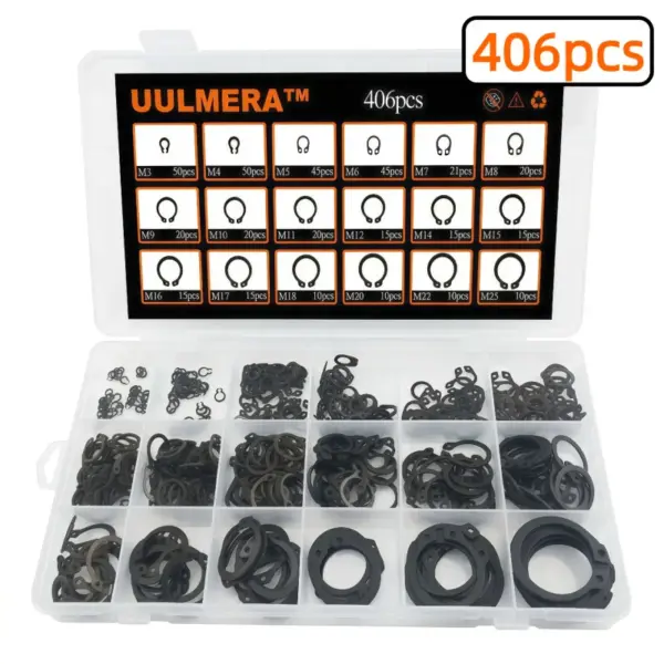 406Pcs M3-M25 Black Alloy External Circlip C-Type Snap Ring Assortment Kit Metric Retaining Ring Shaft Bearing Hardware Fastener