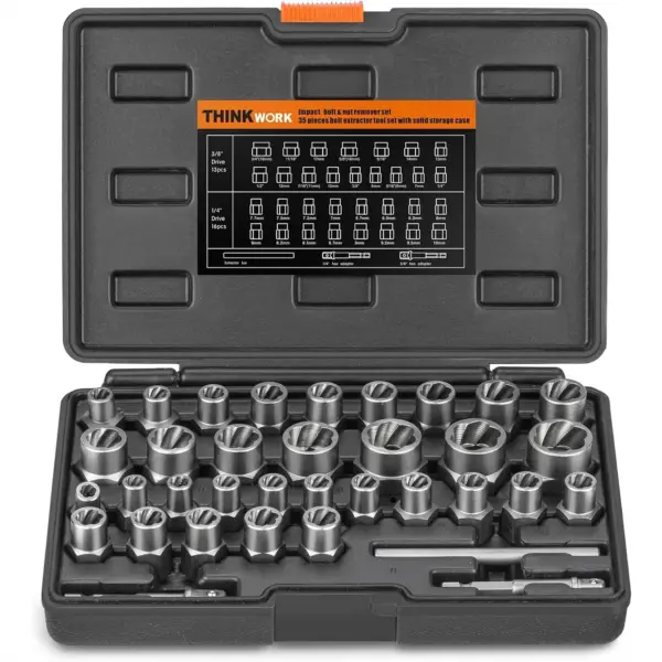 Easy Out Bolt Extractor Kit 35 PCS Nut Remover Socket Set 1/4 and 3/8 Drive for Damaged Broken Rusted Rounded Bolts
