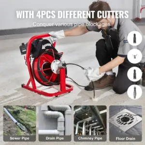 Drain Cleaner Machine 50FT X 3/10 Inch, Auto Feed Sewer Snake Auger, Electric Drain Cleaning Machine With 4 Cutters &