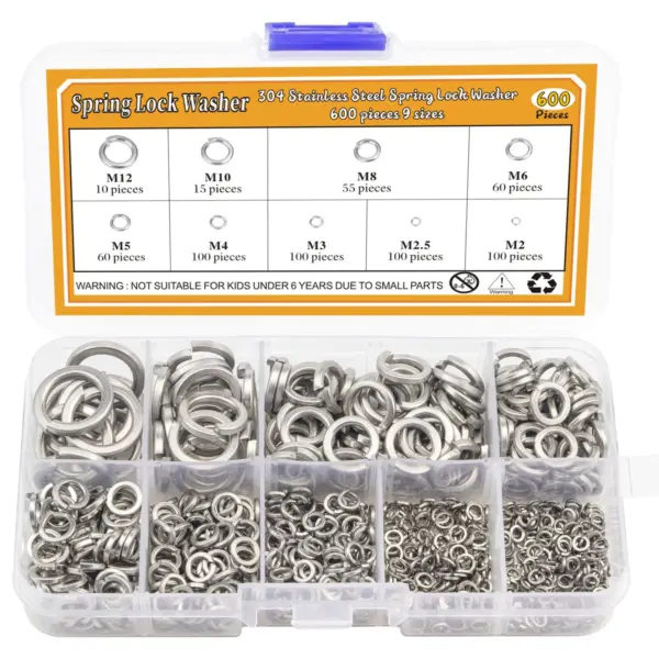 410pcs/600pcs Stainless Steel Spring Lock Washer Set, 9 Sizes - M2 M2.5 M3 M4 M5 M6 M8 M10 M12