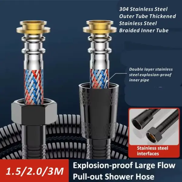 New 1.5/2/3M Black Stainless Steel Braided Inner Pipe Flexible Shower Hose Explosion-proof Bathroom Extension Shower Tube