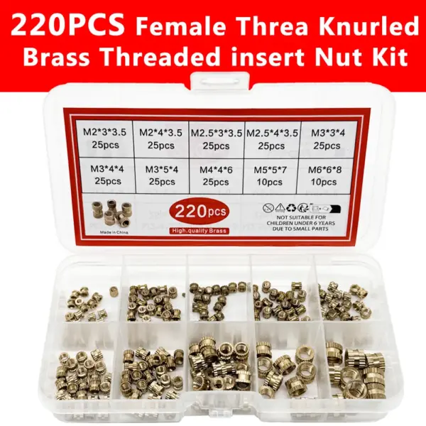 220PCS Set Brass Heat Sink Insert Nuts M2-M6 Knurled Double Twill Thread Hot Melt Nut Threaded Inserts for Electronics