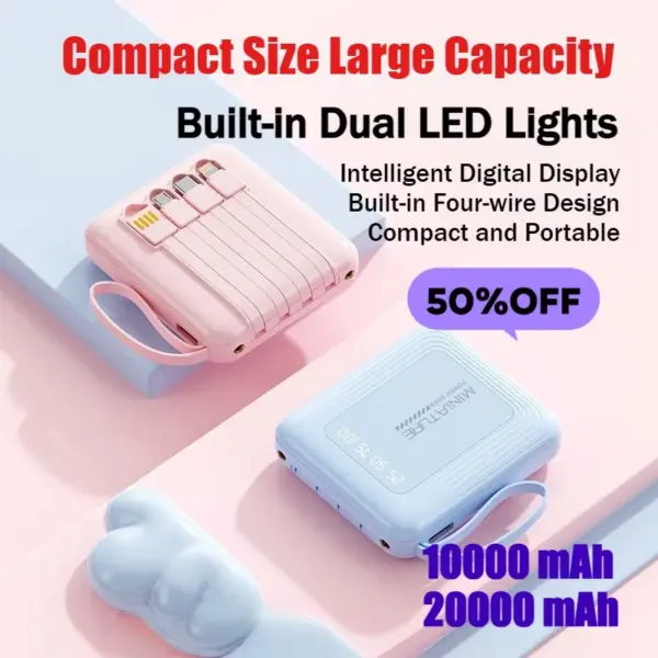 10W 10000mAh High-Capacity Mini Power Bank with Built-in Cable Compact and Portable Charger