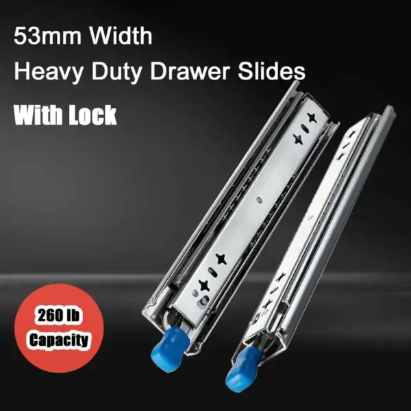 53mm Width Heavy Duty Drawer Slides With Lock Ball Bearing Three Fold Full Extension Runners 260 lb Capacity Full Extension Ball