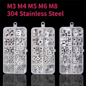 M3 M4 M5 M6 M8 304 Stainless Steel Hexagon / Square / Flange Nuts / Spring Lock Washers and Flat Washer Assortment Kit Set Box
