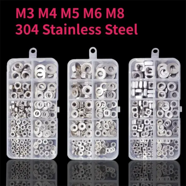 M3 M4 M5 M6 M8 304 Stainless Steel Hexagon / Square / Flange Nuts / Spring Lock Washers and Flat Washer Assortment Kit Set Box