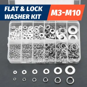 260pcs Lock and Flat Washer Assortment Kit Stainless Steel M3 M4 M5 M6 M8 M10 Spring Lock Washers and Flat Washers Set