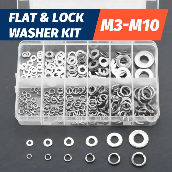 260pcs Lock and Flat Washer Assortment Kit Stainless Steel M3 M4 M5 M6 M8 M10 Spring Lock Washers and Flat Washers Set