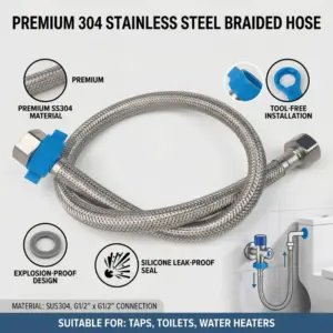 304 Stainless Steel Braided Hose Flexible Water Supply Line G1/2 Tool-Free Install for Faucet Toilet Heater Explosion-Proof