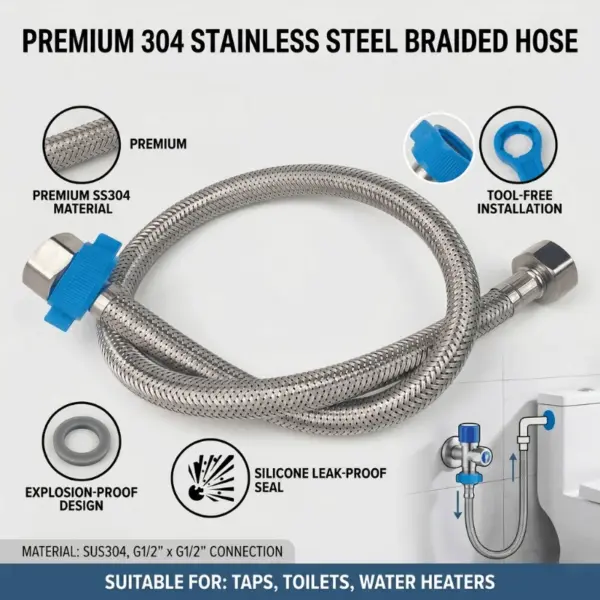 304 Stainless Steel Braided Hose Flexible Water Supply Line G1/2 Tool-Free Install for Faucet Toilet Heater Explosion-Proof