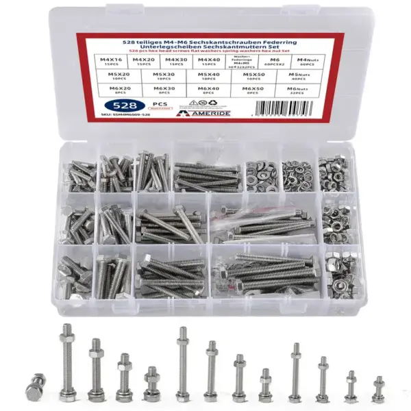 528pcs M4 M5 M6 Screw Set Hexagon Screws with Nuts, Washers And Spring Washers, Stainless Steel Machine Screws Threaded Screws A