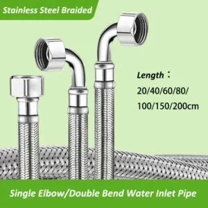 20-200cm Single Elbow/Double Bend Water Inlet Pipe G1/2 Stainless Steel Braided Flexible Hose for Bathroom Toilet Water Heater