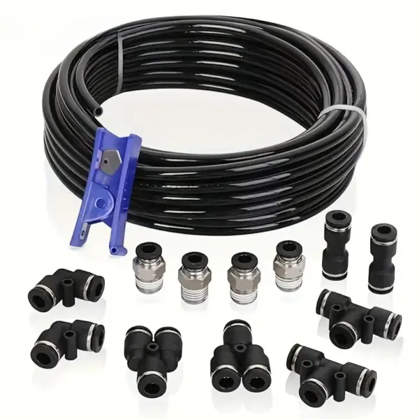 Air Hose Kit, 1/4 Inch OD x 32.8 Feet Polyurethane Tubing and Push-to-Connect Fittings14pcs Compression Tube and Accessories Set