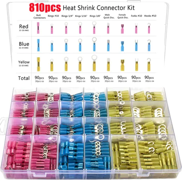 810pcs Automotive Heat Shrink Ring Fork Wire Connector Kit Insulated Electrical Crimp Connectors Butt Spade Terminals Waterproof