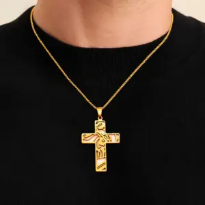 Jesus Christ Cross Pendant Necklace Gold Color Stainless Steel Jewelry Gift for Men