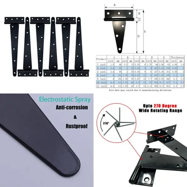 Heavy Duty T Hinge Tee T Strap Shed Gate Barn Fence Door Hinge Wrought Rustproof All Size Black,1