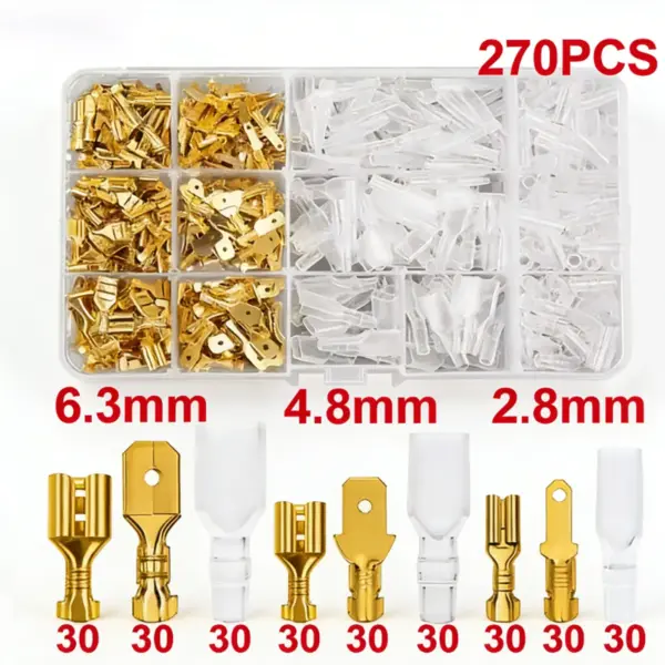 Insulated Male Female Spade Connectors 270PCS Kit , 2.8/4.8/6.3mm Electrical Crimp Terminals, Tinned Copper Wire Connector