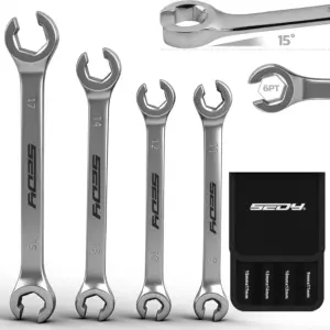 4-Piece Flare Nut Wrench Set, Offset End Spanner Metric 9-17mm, CR-V Steel with Pouch for Fuel Line Repair