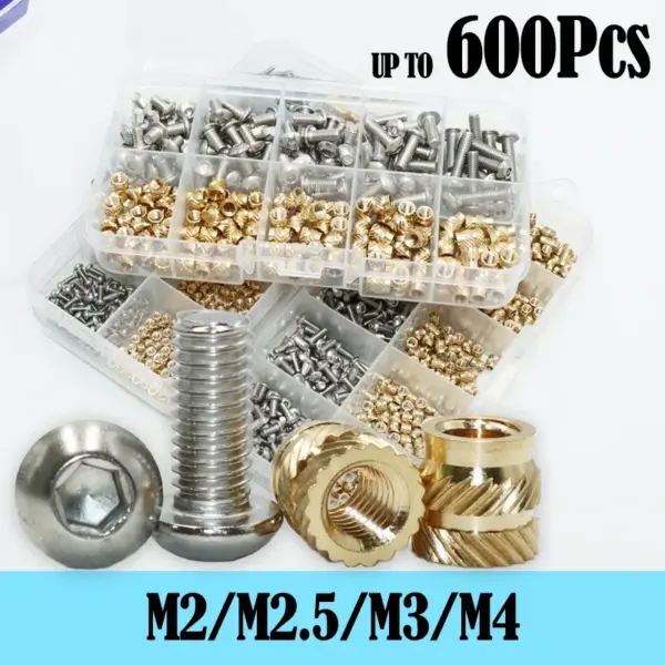 600p Threaded Insert Nut Brass Knurled Hot Melt Heat Embedded Copper Nuts and Stainless Steel Hex Socket Round Screw Allen Bolts